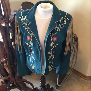 Teal suede jacket with fringe and needlework